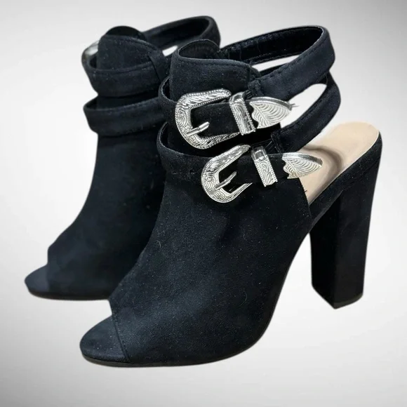 Black Faux Suede Peep Toe Block Heel Boots with buckle detailing Size 6 - Picture 1 of 15